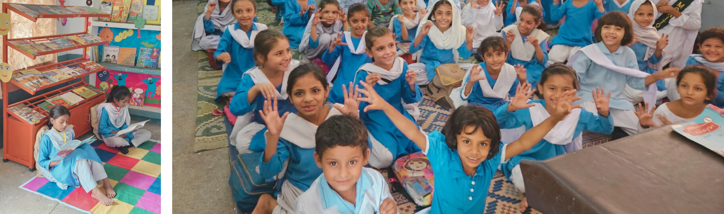 Education in Pakistan, children reading and laughing in a school library